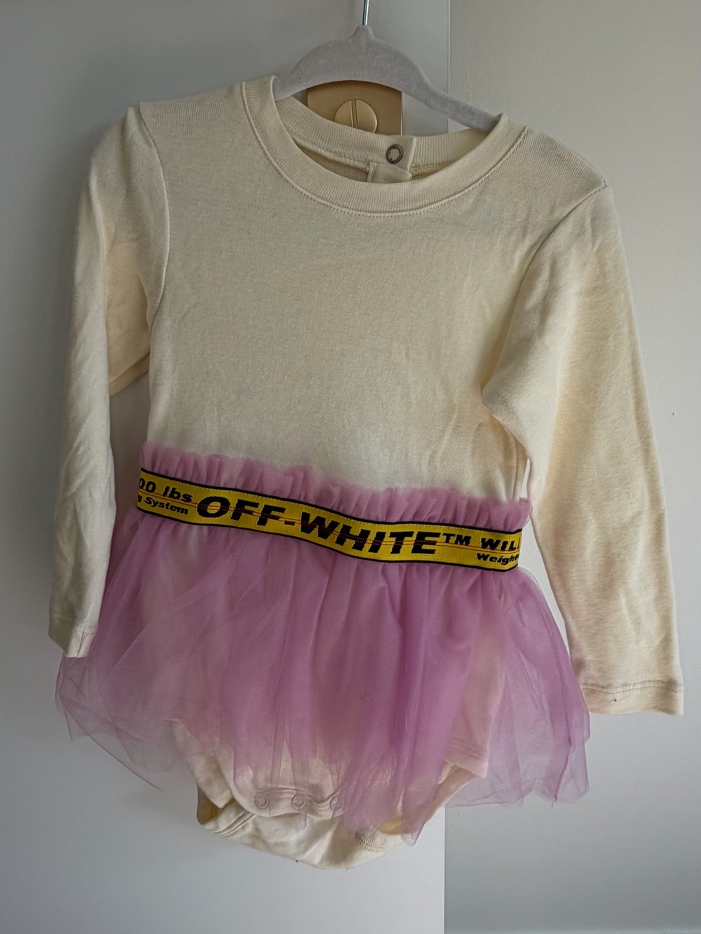 Off-White Cream Long Sleeve Bodysuit with Pink Tulle Skirt and Yellow Logo Band